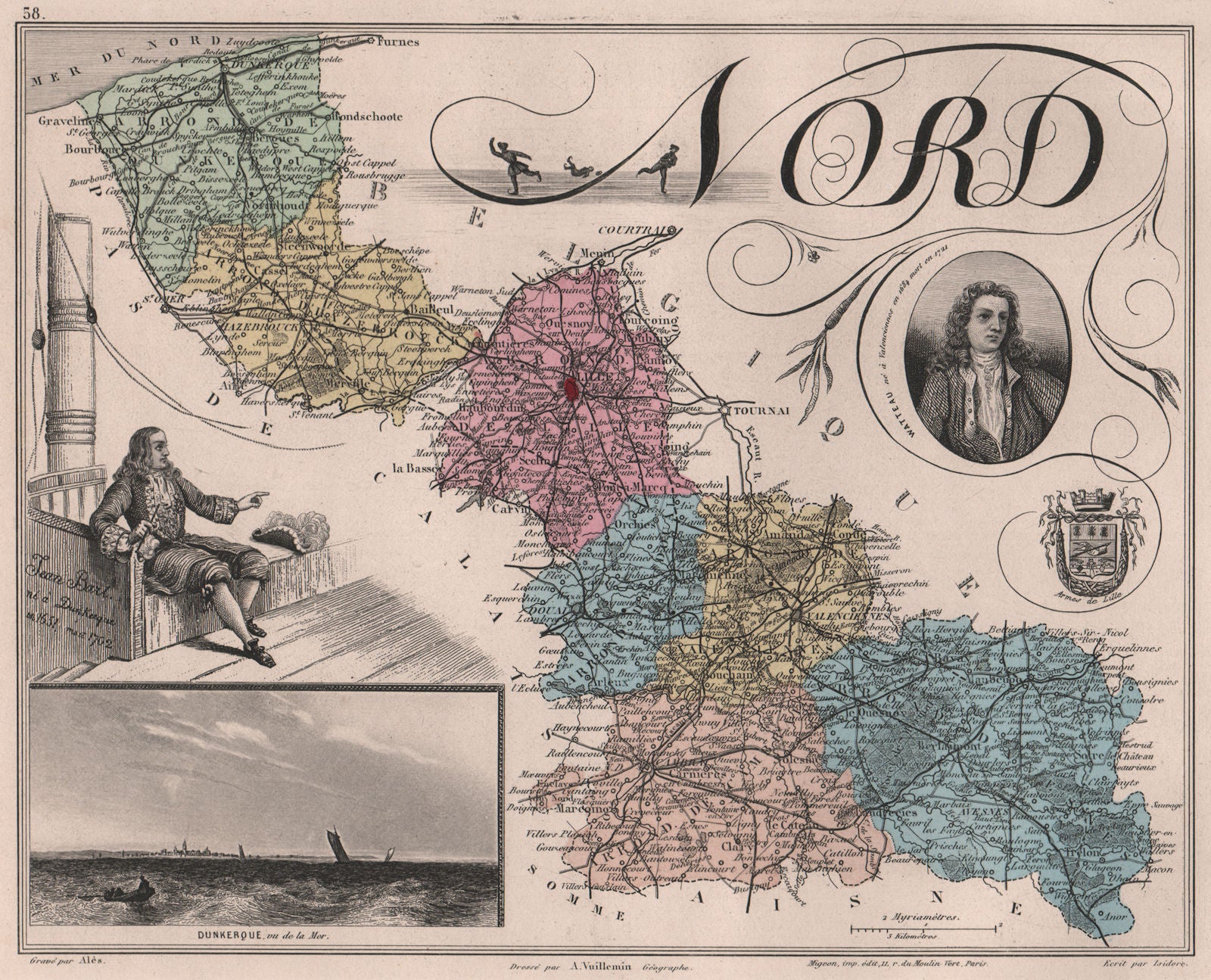 NORD. Département. Dunkerque. Bart. Watteau. VUILLEMIN 1879 old antique map